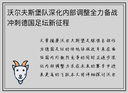 沃尔夫斯堡队深化内部调整全力备战冲刺德国足坛新征程