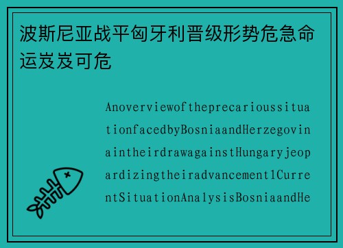 波斯尼亚战平匈牙利晋级形势危急命运岌岌可危