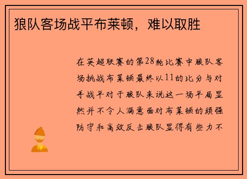 狼队客场战平布莱顿，难以取胜