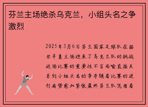 芬兰主场绝杀乌克兰，小组头名之争激烈