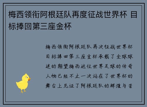 梅西领衔阿根廷队再度征战世界杯 目标捧回第三座金杯